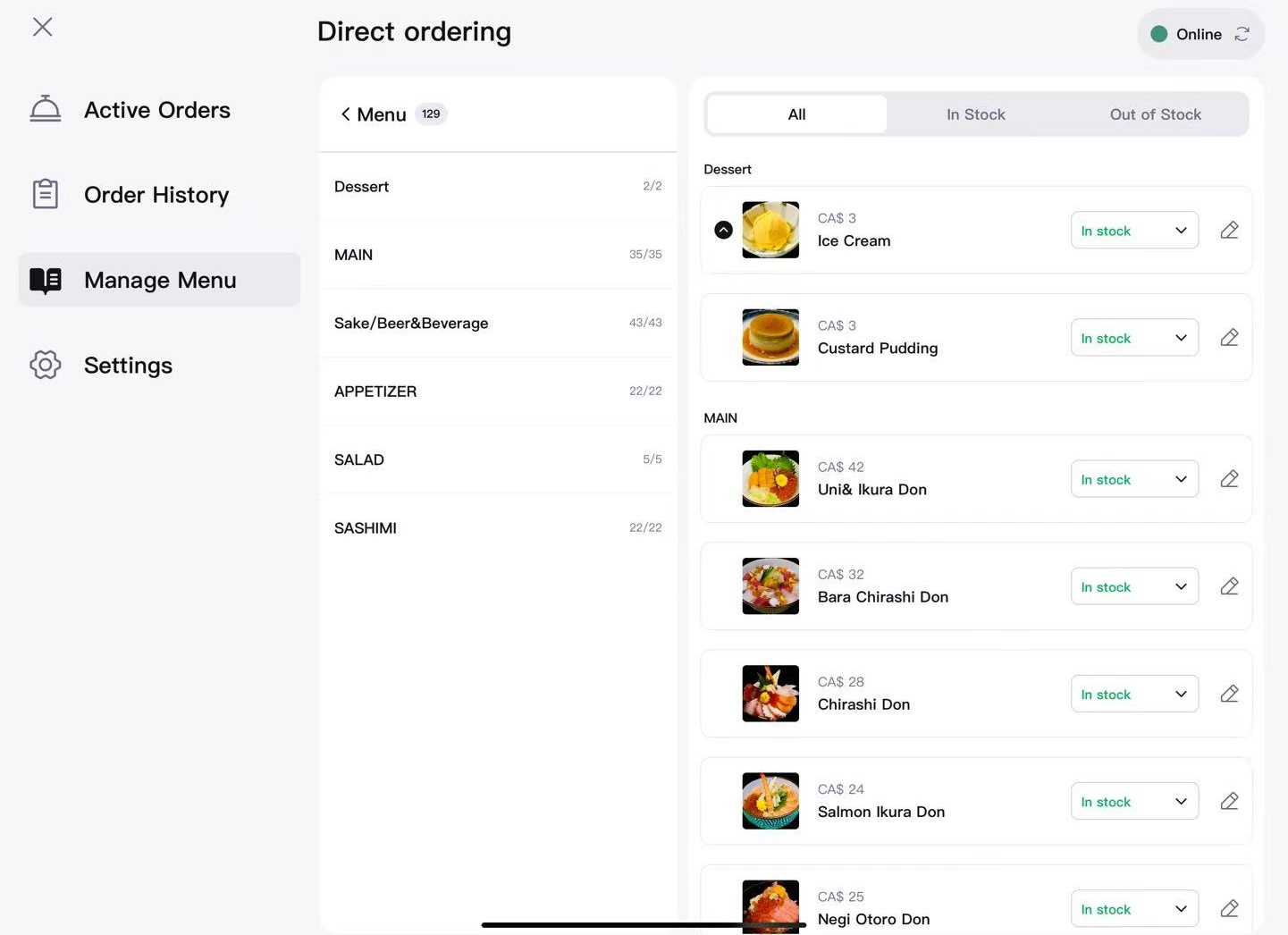 Menu Management Interface